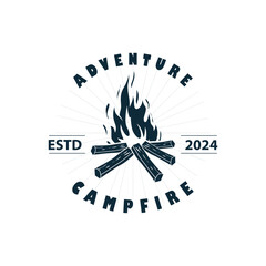 Design wood and fire, logo campfire bonfire vector camping adventure vintage illustration