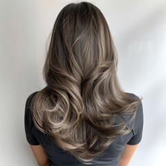 Fototapeta premium Woman long ash-brown hair with highlights, cascading down her back