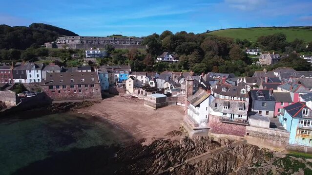 Kingsand and Cawsand Twinned Village in Cornwall with its Idyllic Colourful Buildings. Aerial Drone Panning Shot.