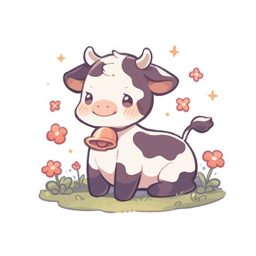 Cute cartoon cow standing on green grass. Vector illustration for children.
