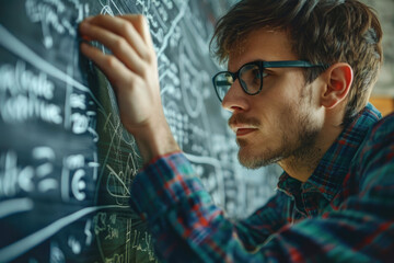 A mathematician wearing glasses and doing a math problem on a chalkboard - obrazy, fototapety, plakaty