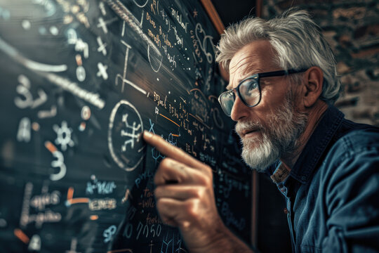 A mathematician wearing glasses and doing a math problem on a chalkboard