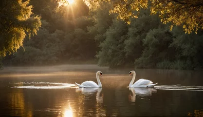Rolgordijnen a swans in the water at sunset. Generative AI. © zax