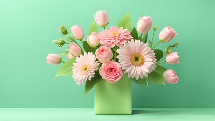 3D Beauty Bouquet Flower in Porcelain Ceramic Vase on Green Pastel Background. Floral Element Decoration Concept for Birthday, Mother's Day, Valentine's Day.
