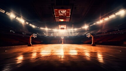 Indoor basketball court with spotlights - obrazy, fototapety, plakaty