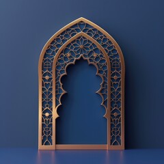 Ramadan Kareem banner concept with blue and gold color. Arabic-inspired template for greeting cards. Mosque door or window ornaments