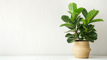 Lush green fiddle leaf fig plant in a woven pot against a white textured background with copy space, ideal for home decor or plant care blogs
