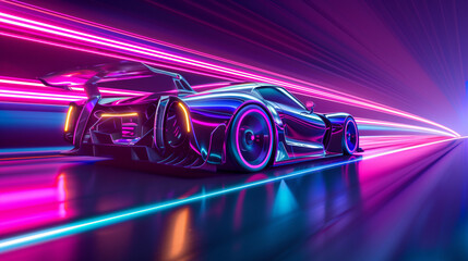 Futuristic sports car with neon lights speeding on a motion-blurred highway, suggesting high-speed...