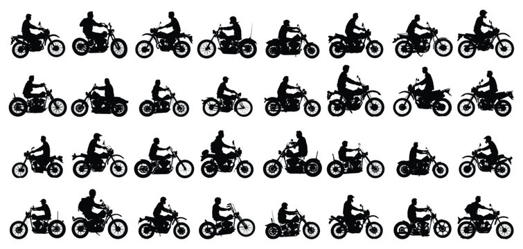 set of silhouette man riding motorcycle