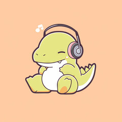 Naklejka premium Cute Kawaii Style Dinosaur Listening to Music, Cartoon, Flat Illustration Vector