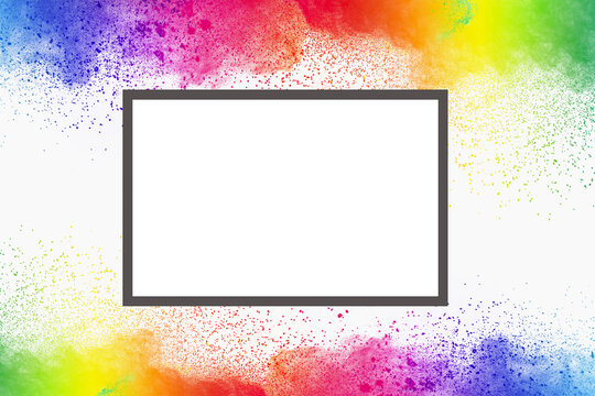 Frames for photos and blank white posters on a colorful background.