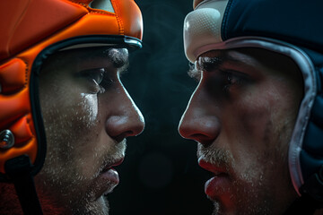 Intense close-up of two male ice hockey players in helmets confronting each other, with space for text, capturing the competitive spirit of the sport - obrazy, fototapety, plakaty