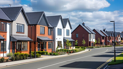 Newly constructed houses on a recently developed residential area in England. Modern and brand-new dwellings suitable for families. Positive portrayal of the housing and property market. - obrazy, fototapety, plakaty
