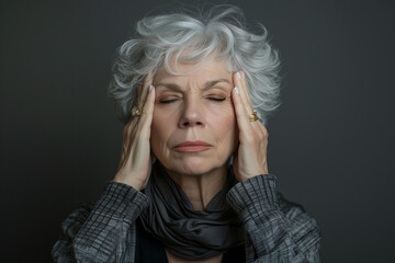 Mature Caucasian woman with gray hair feeling stressed or having a headache, migraine posing against a plain dark background with space for text