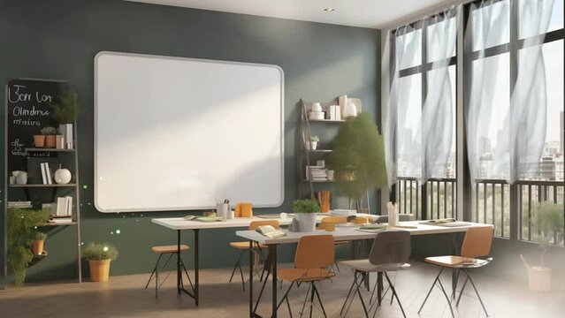 Sunny light on Empty school classroom with whiteboard. Back to school seamless 4k loop animation background