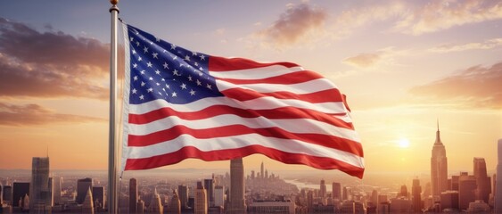 Flying American flag on sunrise sky megapolis background