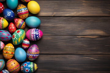 Fototapeta na wymiar Beautiful colorful easter eggs on a wooden table. with space for text.