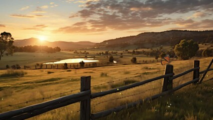 picturesque landscape fenced ranch at sunrise. beautiful morning scene. seamless looping overlay 4k virtual video animation background 