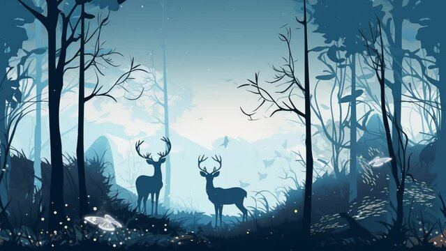 vintage forest landscape. atmosphere landscape with silhouettes of deer.  anime cartoon illustration concept. seamless looping overlay 4k virtual video animation background 