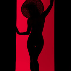 Girl dark silhouette view against red wall