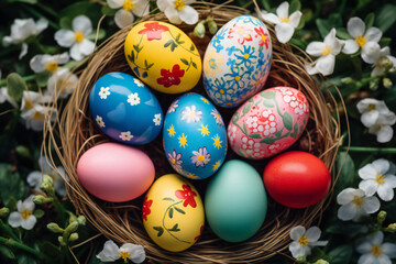Fototapeta na wymiar Beautiful colorful easter eggs, Easter eggs, and spring flowers. Top view.