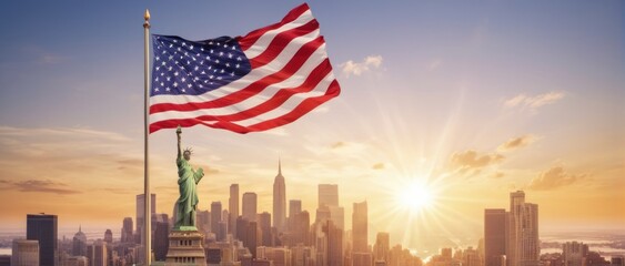 Flying American flag on sunrise sky megapolis background - obrazy, fototapety, plakaty