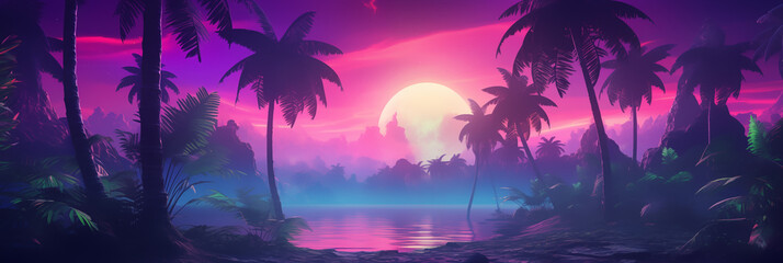 Fototapeta na wymiar Sunset on the beach with neon color style look, Illustration.