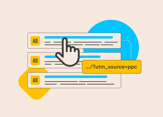 UTM code - Urchin Tracking Module. URL parameters end helps track content and social media campaign performance. Outline vector isolated illustration on white background with icons