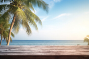 Top of wood table with seascape and palm tree, blur bokeh light of calm sea and sky at tropical beach background. summer vacation background concept.
