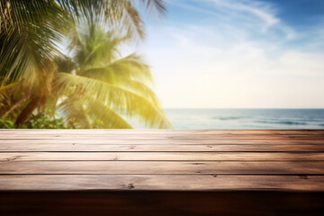 Top of wood table with seascape and palm tree, blur bokeh light of calm sea and sky at tropical...