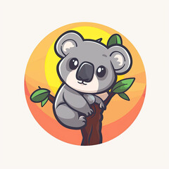 flat logo of Vector cute koala cartoon on a tree