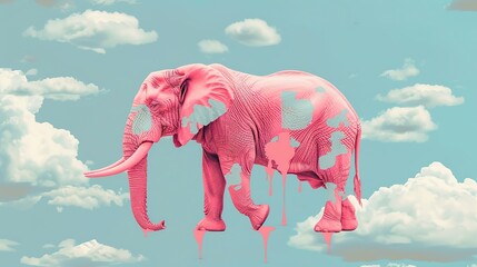 Generative AI illustration of surreal artwork of a pink elephant with paint dripping from its body against a cloudy blue sky