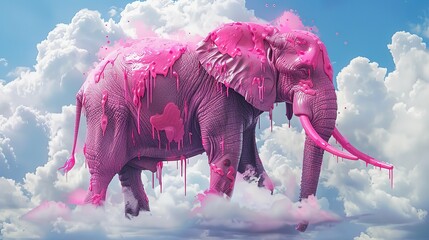 Generative AI illustration of surreal artwork of a pink elephant with paint dripping from its body against a cloudy blue sky
