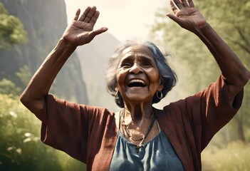 realistic illustration of a happy smiling elderly aboriginal woman with her hands in the air rejoicing in nature