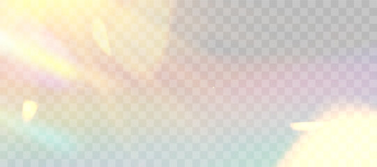 Obraz premium Blurred rainbow refraction overlay effect. Light lens prism effect on transparent background. Holographic reflection, crystal flare leak shadow overlay. Vector abstract illustration.