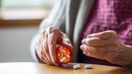 A Close up of Old woman closes pill bottle to take medicine, treat memory loss, high blood pressure or cholesterol level as painkiller, concept of treatment for diseases in old age - obrazy, fototapety, plakaty