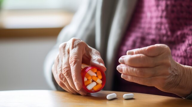 A Close up of Old woman closes pill bottle to take medicine, treat memory loss, high blood pressure or cholesterol level as painkiller, concept of treatment for diseases in old age