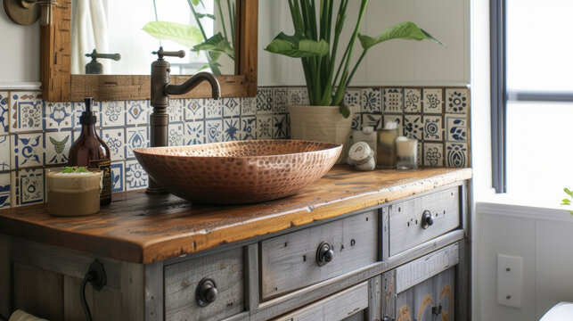 Embracing a mix of textures and materials a DIYer gives their bathroom a bohemianinspired makeover featuring a hammered copper sink handpainted tiles and a reclaimed wood