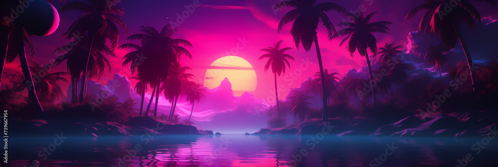 Wall mural sunset on the beach with neon color style look, illustration.