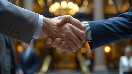 A close-up of a business handshake in front of a corp - obrazy, fototapety, plakaty
