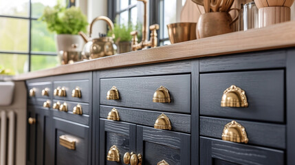The perfect combination of antique gold cabinet handles and matte black doors adding a touch of elegance to a traditional kitchen renovation. - obrazy, fototapety, plakaty