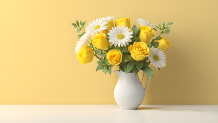 3D Bouquet Flower in Yellow Porcelain Ceramic Vase on Pastel Background: Elegant Enhancement for Fashion, E-commerce, and Beauty Care Banners.