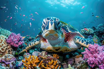 Colorful life on underwater coral reef with a sea turtle