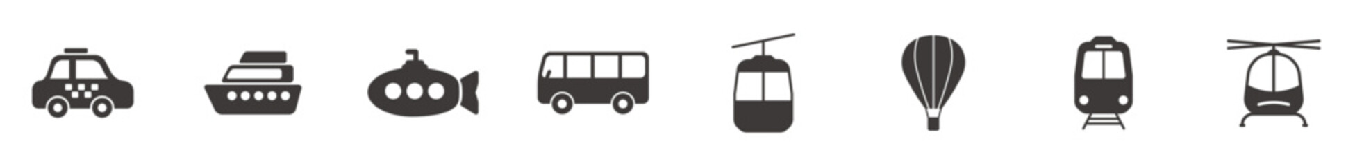Transport icon set airplane, ship or ferry, train, public bus, helicopter, cable car symbols in flat style.