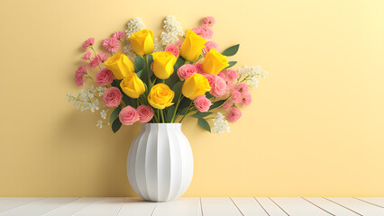 3D Beauty Bouquet Flower in Porcelain Vase on Yellow Pastel Background: Refined Decor for Fashion, E-commerce, and Beauty Care Banners.