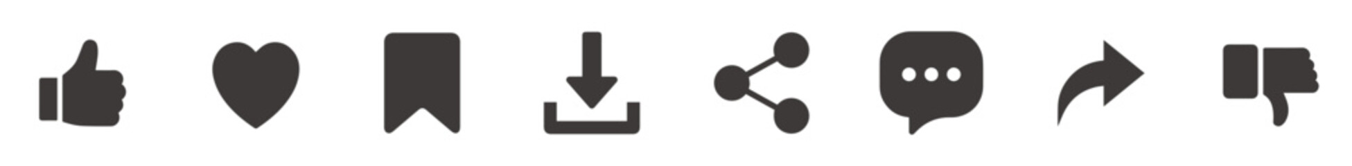 social media interface icon set in line style. like, unlike, comment, share, message, thumb and save simple vector designs.
