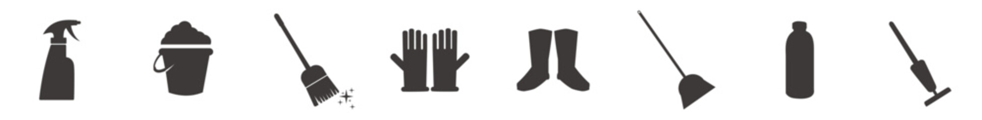 Floor mop icons. Mop, Bucket, gloves, boot, cleaner symbol. 
