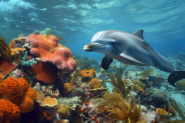 Colorful life on underwater coral reef with a dolphin