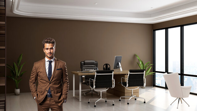 J&oacute;ven empresario exitoso, vestido con su traje marr&oacute;n y corbata azul, en su elegante despacho con sillones modernos, computador, plantas, ventanas de edificio de oficinas
