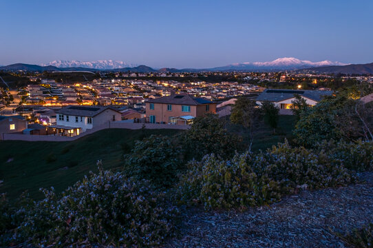 Sunset Terracina Overlook Temecula, California Fresh Snow San Bernadino and San Jacinto mountains